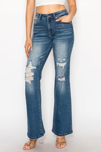 Women's High Waisted Flare Jeans - Stretchy Distressed Denim Pants with Ripped & Cut Out Details, Bell Bottom Leg2