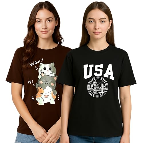 Image of My Swag Womens Graphic T-Shirt Pack of 2, Cotton Casual, Gym, Daily Summer Wear