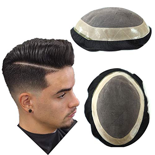 Sistema de reemplazo de pelo fino mono toupee para hombre, unidad duradera real para caballeros, cabello negro, 7 x 9