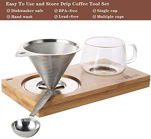 Pour Over Coffee Dripper Set Include Stainless Steel Paperless Reusable Filters, 8 Ounce Glass Cup, Spoon and Bamboo Base, Portable Single Cup Coffee Maker for Home Office - Gift-ready Package