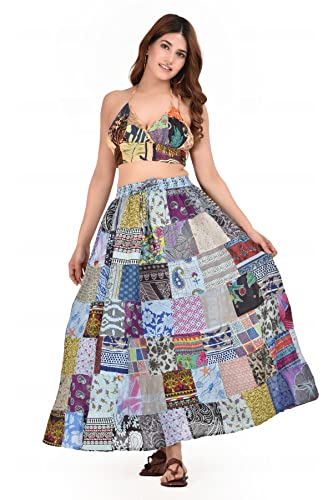 Women's Hippie Bohemian Indian Patch Maxi Long Gypsy Cotton Skirts with Right Hand Side Pocket, One Size Fits All(Waist 26-36 inches) Blue