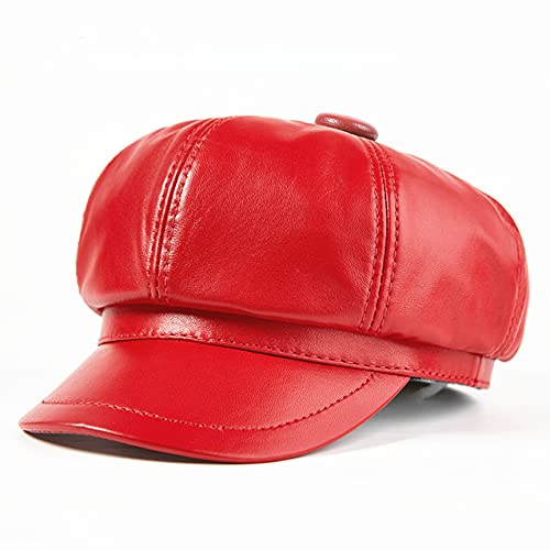 DELLA-Real-Leather-Newsboy-Cap-Women-Solid-Baker-Boy-Cap-Black-Green-Purple-White-Brown-Light-Pink-Red-Vintage-Brand-Ladies-Winter-Octagonal-Cap-RedXL57-58CM