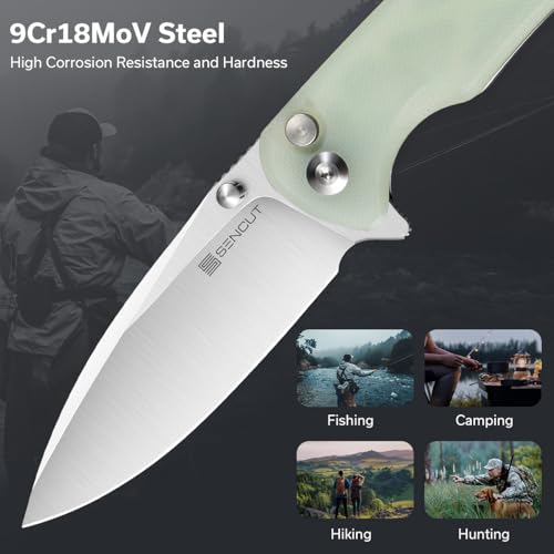 SENCUT Sachse Pocket Knife Folding Knife for EDC, Natural G10 Handle Satin 9Cr18MoV Blade Foldable Small Knife with Clip, Button Lock Everyday Carry Knife for Men Women Indoor Outdoor Gift S21007-4