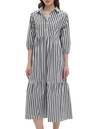 Image of EZAPINE Womens Babydoll Striped Shirt Midi Dress Puff Long Sleeve Collared Button Tunic Flowy Swing Dresses