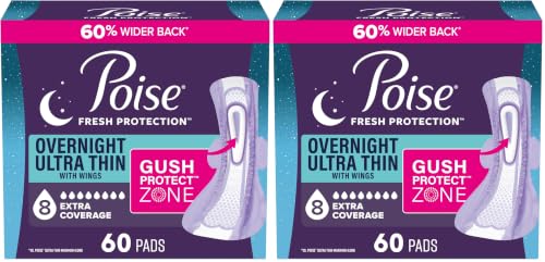 Image of Poise Overnight Ultra Thin Incontinence & Postpartum Pads with Wings for Bladder Leaks, 8 Drop Extra Absorbent, Long Length,60 Count (Pack of 2)