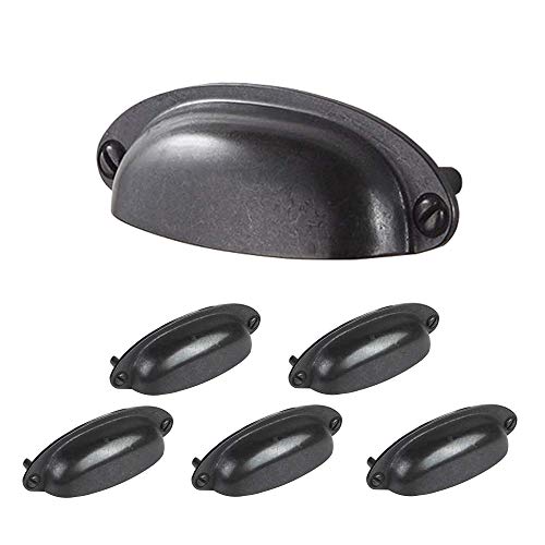 6 Pack MOOD.SC 3.5" Hole spacing Vintage Farmhouse Style Pulls Cup Pull Handles Knobs Shell Ear-Like Handle Knobs for Cabinet Dresser Drawer Bin (6, Antique Black)