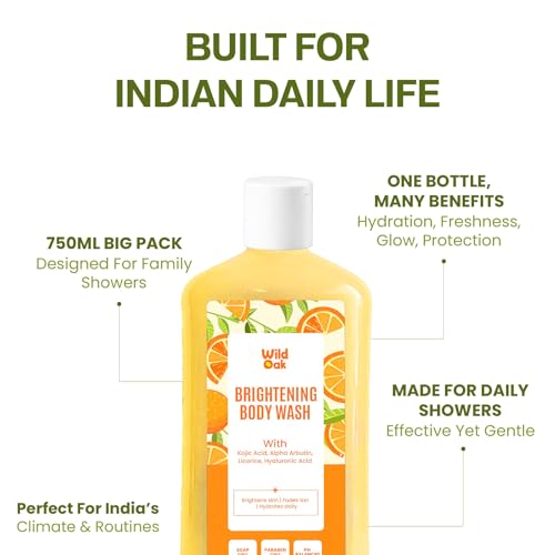 Image of WildOak Brightening & DeTan Body Wash | 750 ml Value Pack | Kojic Acid, Alpha Arbutin, Hyaluronic Acid, Probiotics, Niacinamide & Ceramides | Brightening Shower Gel for Glowing Skin, Pigmentation