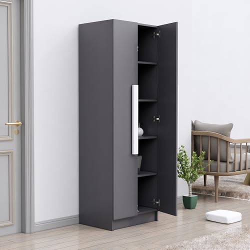 Image of Bniture Wooden Almirah for Clothes, Door for Bedroom, 2 Door Wardrobe with 4 Shelves Huge Storage Space (46D x 60W x 182H CM) | 3 Year Warranty (Slate Grey)