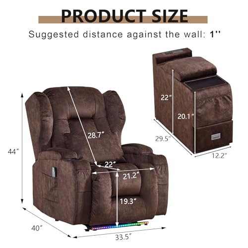 Image of DRMBOOK Power Recliner Chair, Electric Wall Hugger Reclining Sofa with Massage & Heat, Modern Theater Seating with LED Light /USB Port /Cup Holders for Living Room (Velvet Brown, 1 Chair with Console)