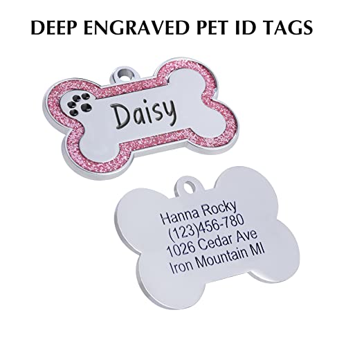 Aimeng Personalized Stainless Steel Pet Id Tags With Glittery Bone Design - Deep Engraved Dog Tags Engraved For Pets Customized With 5 Lines Dogs And Cats Pets Gift (Large, Pink) #TOP2