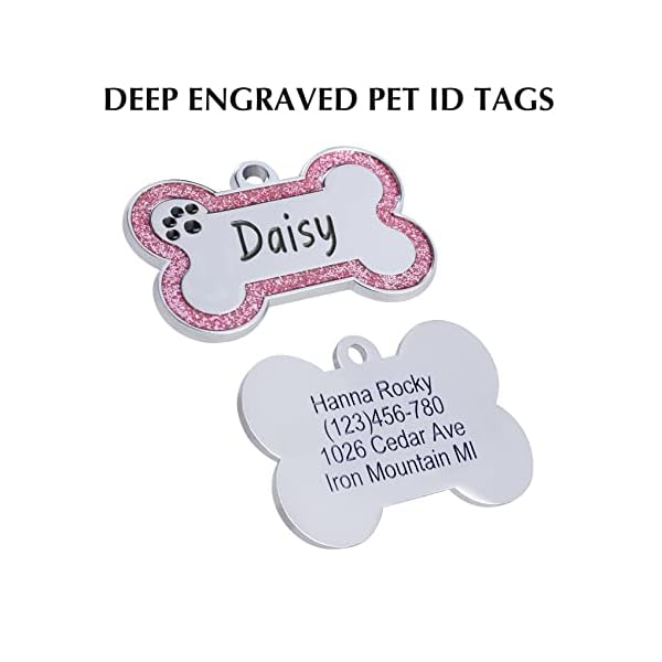 Aimeng Personalized Stainless Steel Pet ID Tags with Glittery Bone Design – DEEP Engraved Dog Tags Engraved for Pets Customized with 5 Lines Dogs and Cats Pets Gift (Small 2 Pack, Pink) Aimeng Personalized Stainless Steel Pet ID Tags with Glittery Bone Design – DEEP Engraved Dog Tags Engraved for Pets Customized with 5 Lines Dogs and Cats Pets Gift (Small 2 Pack, Pink)