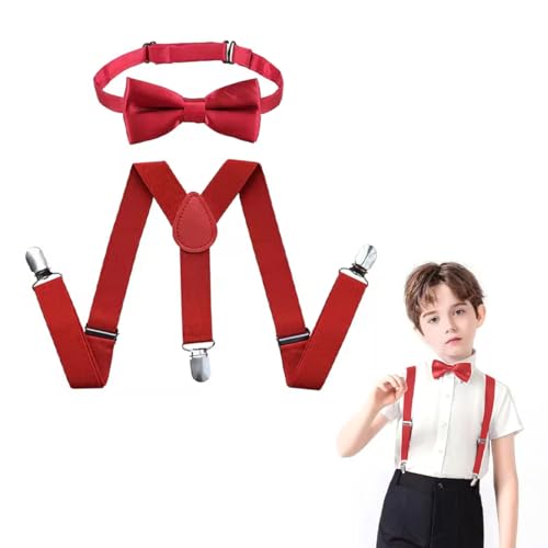 DLPRK Correas ajustables para niños, Correas para juego de pajarita roja, Ropa de rendimiento a juego, Correas en forma de Y con nudo, Juegos de pajarita y correas ajustables para niños y niñas