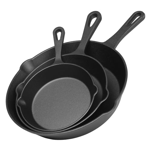LOVEWE Cast Iron Skillet Set, 3-Piece, Black, 6 inch, 8 inch, 10 inch, Even Heat Distribution, Pre-Seasoned