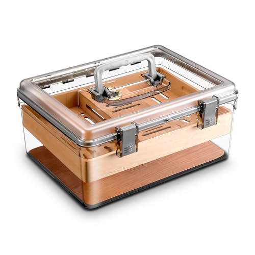 CIGARLOONG Cave à cigares en Acrylique avec hygromètre, humidificateur et Plateau en Bois de cèdre, boîte à cigares Moderne Transparente avec poignée, Cadeau pour Homme (Moyenne)