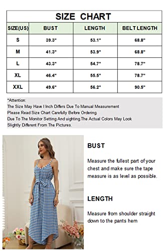 Wexcen Jumpsuits For Women Casual Wide Leg Long Rompers Summer Overall Spaghetti Strap Beach Boho Jumpers With Belt(Plaid-Blue,Xxl) #TOP3