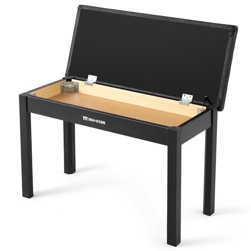 MUSTAR Piano Bench Piano Stool with Storage, 74cm Large Seat Solid Wooden Keyboard Bench, Soft Faux Leather Padded Seat for Vanity, Living Room, Bedroom (Black)