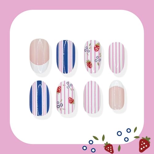 Image of 24Pcs Striped Press on Nails Strawberry Fake Nails Medium Oval False Nail with Blue Pink Design Reusable Glossy Full Cover Summer Stick on Nail for Women Manicure