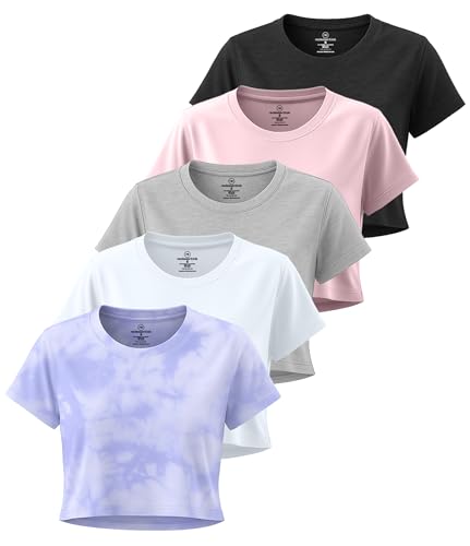Real Essentials 5 Pack: Women's Dry Fit Crop Top - Short Sleeve Crew Neck Stretch Athletic Tee (Available in Plus Size)