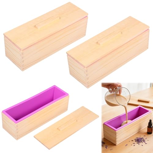 WhSunVo 2Pcs 40oz Silicone Soap Molds Kit, Silicone Soap Making Molds with Wooden Box, Flexible Rectangular Soaps Making Supplies for DIY Craft Cake Making, 28x9.2x8.5cm (Purple)
