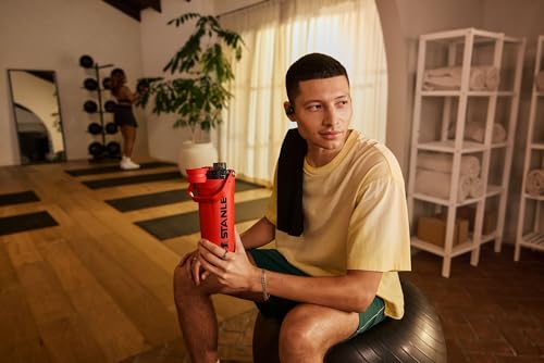 Image of STANLEY Vitalize Shaker Bottle 20 oz | Leakproof Insulated Stainless Steel Shaker Cup | Base Storage and Twist On Fast Flow Lid | Protein Shakes and Pre Workout Powder | BPA-Free | Chili Red