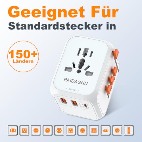 Reiseadapter Weltweit Universal Reisestecker mit PD20W 2 USB 1 USB C und 1AC Steckdose Internationaler Steckdosenadapter Universaladapter für Deutschland USA England Thailand Italien Australien