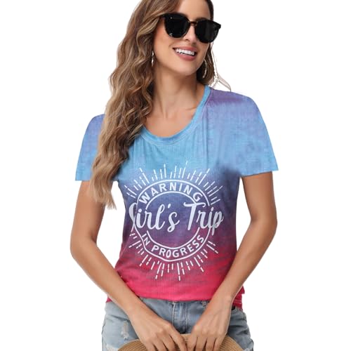 Image of Women's Casual Warning Girls Trip in Progress T-Shirt Casual Crewneck Short Sleeve Graphic Tee