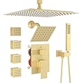 Enga Dual Shower Head Shower System with Body Jets, 12" Ceiling Mounted Rain Shower Head & 6" Wall Mounted Head Full Body Rainfall Shower Faucet with Valve Kit, Brushed Gold