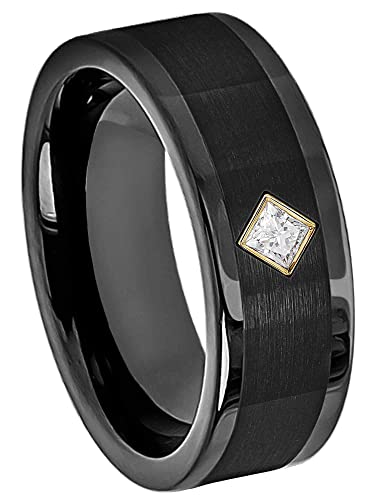 Princess Cut Moissanite Cobalt 8mm Wedding Band - Black Pipe Cut Cobalt Brushed Center High Polished Flat Edge Cobalt Ring Anniversary Band April Birthstone2