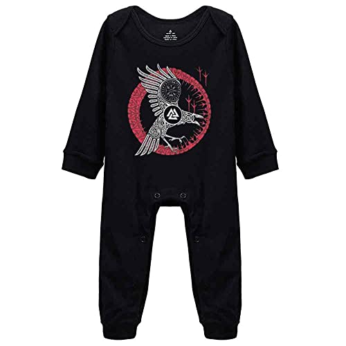 Image of Norse Raven Viking Symbol Cute Infant Toddler Rompers Baby Bodysuit Long Sleeve Unisex K-Black