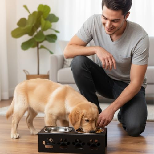 Image of Black Metal Stylish Dog Bowl Stand | 2 Stainless Steel Bowls for Raised Dogs & Cats | Elevated Dog Food Removable Bowls | Pet Feeder & Water Dispenser for All Breeds Paw Design(Set of 2, Each 1600ml)