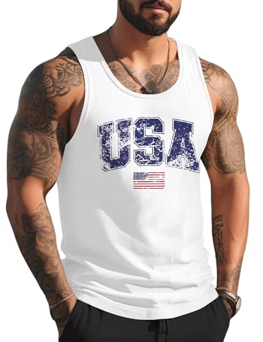 Gosuif Tank Tops Men 4th of July Tank Top Men USA Flag Print Summer Beach Muscle Mens 4th of July Shirt Graphic Patriotic Workout Gym Fourth of July White Tank Top Men