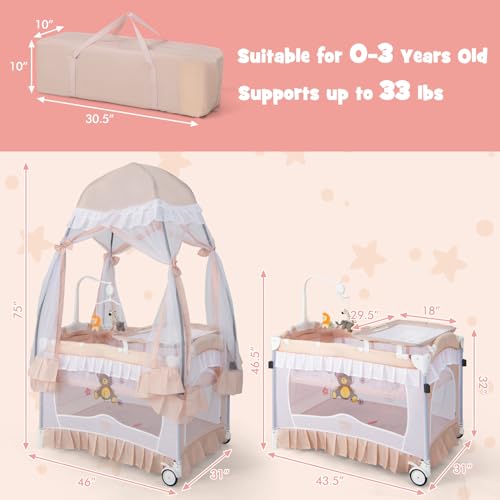 Image of BABY JOY 4 in 1 Pack and Play with Canopy, Portable Baby Playard with Bassinet, Double-Layer Baby Crib, Wheels & Brake, Foldable Baby Girl Pink Bassinet from Newborn to Toddler