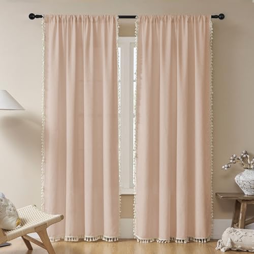 Image of Joydeco Linen Pink Boho Curtains 63 Inch, 2 Panels with Tassels | Super Soft Farmhouse Drapes, Semi Sheer Light Filtering, Natural Look for Bedroom Living Room, Modern Boho Decor