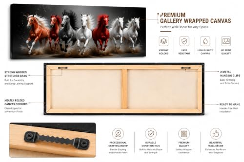 Image of 7 Horse Vastu Sunrise Canvas Painting | Positive Energy Wall Decor | Big Size Premium Running Horses Artwork for Home, Office & Hall Decoration (Modern, Sand Horse, 44x20 Inch)