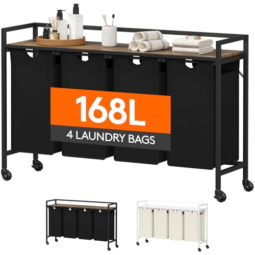 Lifewit Laundry Hamper 4 Section, 168L Pull out Laundry Clothes Basket Organizer with Large Top Shelf and 4 Removable Bags and Handles for Laundry Room Bedroom Bathroom, Black with Wheels