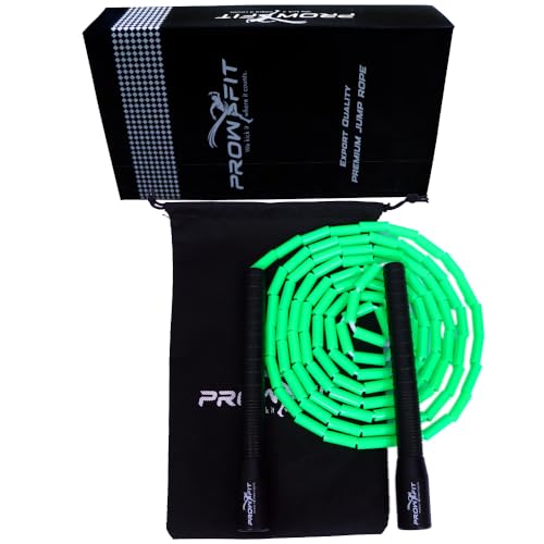 Image of Freestyle Unbreakable Long Handle Soft Shatterproof Beads 1Inch Beaded Jump Rope, Skipping Rope Adult. (10 Ft) (Green - Black handle)