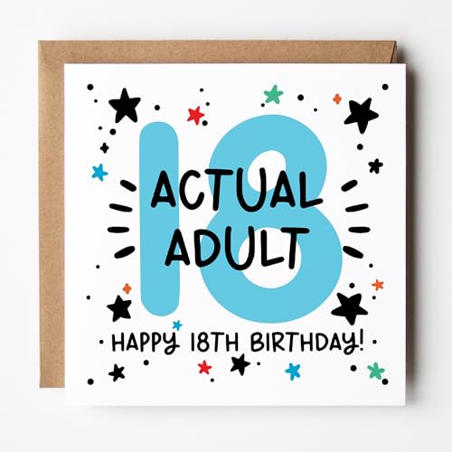 Lunella Stationery 18th Birthday Card for Boys and Girls - Bright and Bold Design Funny Actual Adult Card - Blank Inside With Kraft Envelope Age 18 (Actual Adult!)