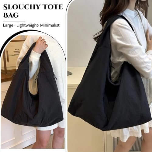 Image of Slouchy Tote Bag for Women Large Nylon Shoulder Bag with Multiple Pockets Crescent Bag Underarm Hobo Bag for Travel Gym