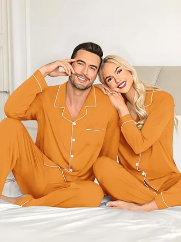 Couples Pajamas Sets Women & Men Long Sleeve Sleepwear Button Down Loungewear Pjs Set with Long Pants2