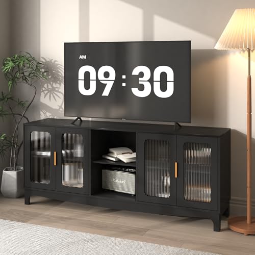 ZOSQUARE 65 Inch Black TV Stand for TVs up to 70+ inch, Mid Century Modern Glass Door TV Console Table, Entertainment Center with Storage Cabinet, Wood Media Console for Bedroom, Living Room (Black)
