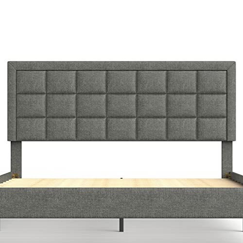 Nazhura Queen Size Bed Frame Upholstered Modern Low Profile Platform With Tufted Headboard/No Box Spring Needed/Linen Fabric Upholstery/Charcoal Grey #TOP7