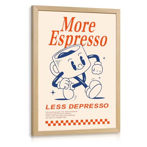 Cyebmo Funny Coffee Wall Art, Vintage Cafe Kitchen Wall Decor, More Espresso Less Depresso Art Prints, Beige Dorm Poster Print for Home Office Coffee Bar Kitchen Wood Framed Ready to Hang 8x10 Inch