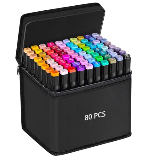 DRAWNICEST 80 Colors Alcohol Markers, Dual Tip Permanent Art Markers with Black Suitcase, For Adults Coloring, Sketching, Card Making and DIY Patinting