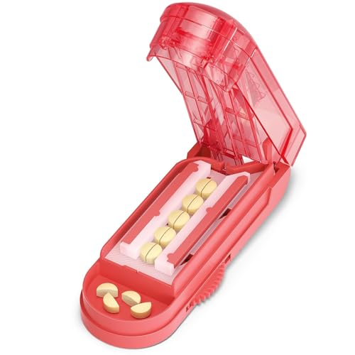 Image of ONE PIX Multiple Pill Cutter Splitter for Small and Tiny Pills, Accurate 1 /2 Tablet Splitter with Adjustable Bars & Hidden Blade, Safely Cuts Large Medication for Seniors & Pets, Red
