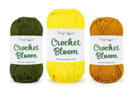 Image of Craft Affair | Crochet Bloom Cotton Yarn 8ply (Each Color 2mm, 77Meter, 50Gram) 100% Pure Cotton | for Knitting Yarn | Craft & DIY Project: Olive, Lemon, Sand