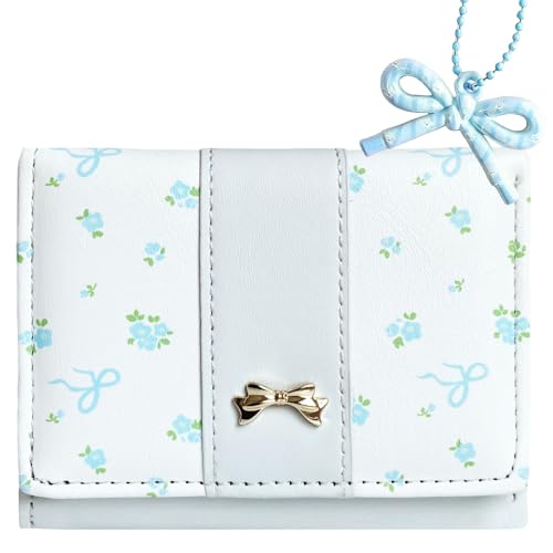 Image of Girls Wallet Cute Bow Coquette Floral Small Kawaii for Women Aesthetic ID Window for Ladies (Blue)