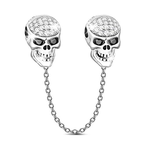 GNOCE Skull Safety Chain Charms 925 Sterling Silver Connection Chain Charms with Cubic Zirconia Balck Red Eyes Safety Chain Fit All Bracelet for Protect and Extend Your Bracelet (2Silver)