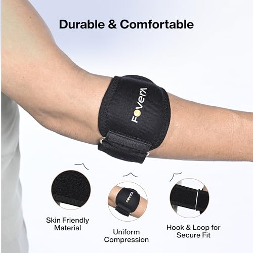 Image of FOVERA Tennis Elbow Support Brace, Adjustable Elbow Support Strap with Gel Padding for Pain Relief, Weightlifting & Sports for Men & Women, Universal Size, Black