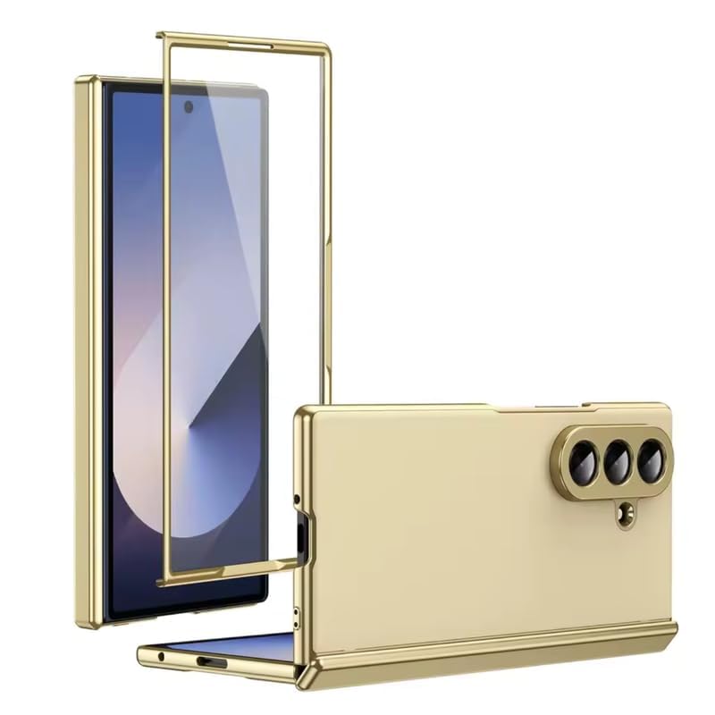Image of Ultra Hybrid Luxury Leather Case Compatible with Samsung Galaxy Z Fold 5 (2025) 360 Hinge Protection, Slim Shockproof Back Cover, Anti-Scratch Design, Tempered Glass Protection - Golden