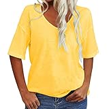 riou Camisetas Mujer Manga Corta 2023 Talla Grande Baratas Patchwork Color Sólido Vintage Cuello en V Suéter Ligera Cómoda T Shirts Jersey Chica Adolescente Original tee